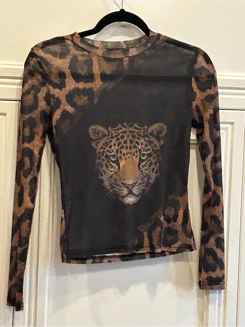 Leopard Print Long Sleeve Mesh Top with Big Cat Graphic